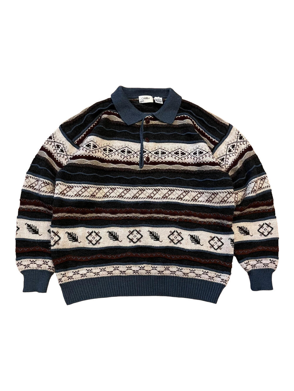 Vtg St Croix Sweater Polo Mens Large 3D Knit Striped Wool USA Made Grandpa Core